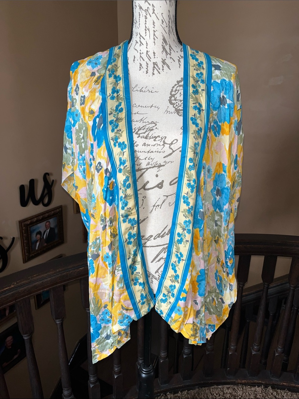 LOFT Floral Open Front Kimono — Blue, Yellow, White